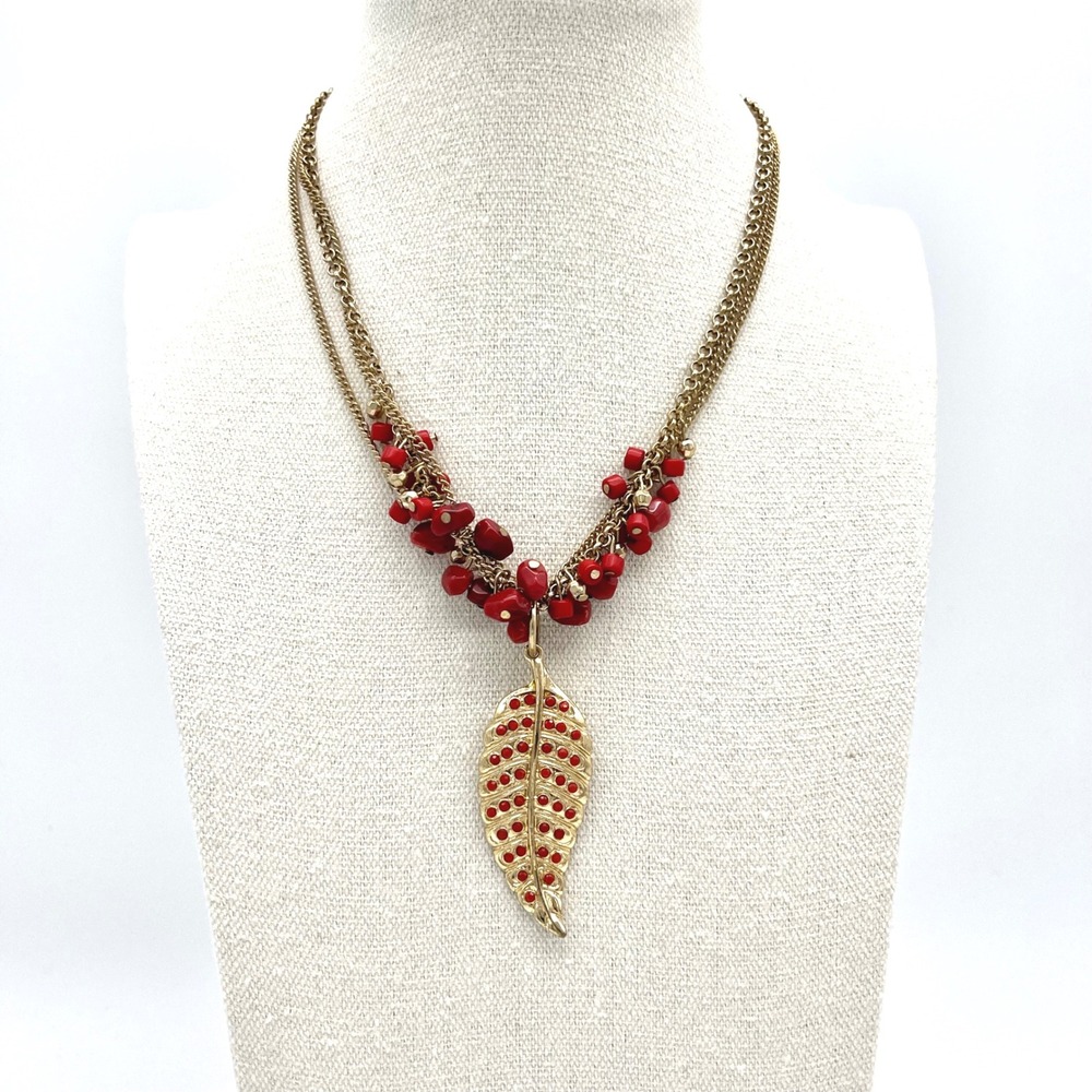 Red Beaded Necklace Gold Leaf Pendant Layered Chain Statement Jewelry